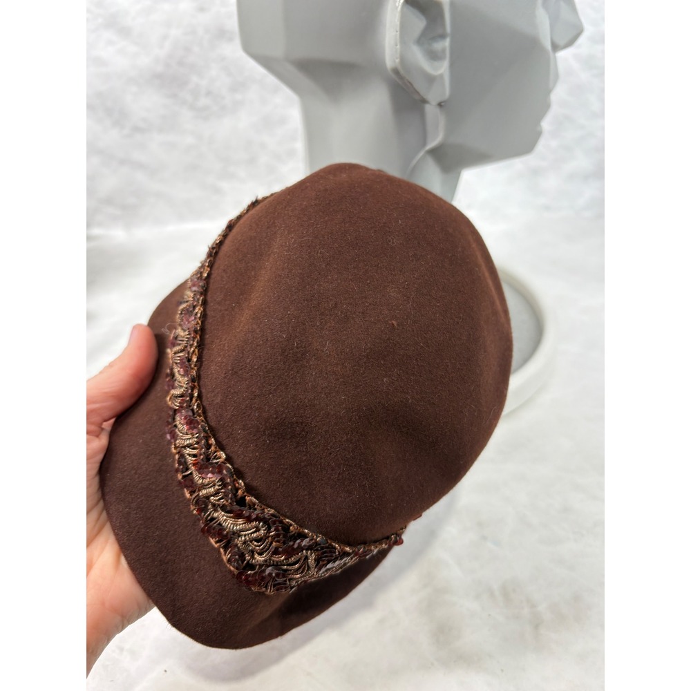Vintage Brown Wool Felt Cloche Hat Sequin Metallic Trim Bow Accent Chocolate - Picture 7 of 9